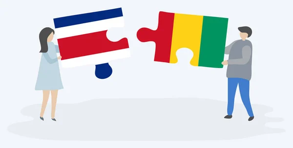 Couple Tenant Deux Pièces Puzzles Avec Des Drapeaux Costaricains Guinéens — Image vectorielle