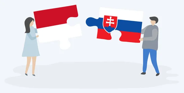 Pareja Sosteniendo Dos Piezas Rompecabezas Con Banderas Monegascas Eslovacas Mónaco — Vector de stock