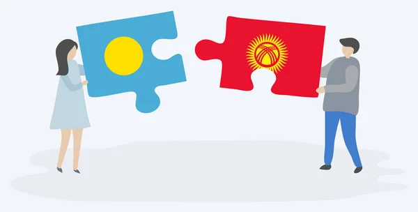Pareja Sosteniendo Dos Piezas Rompecabezas Con Banderas Palaos Kirgiz Palau — Vector de stock