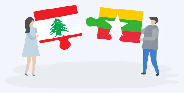 Para Trzymania Dwóch Puzzli Libańskich Birmańskich Flag Symbole Narodowe Libanie — Wektor stockowy