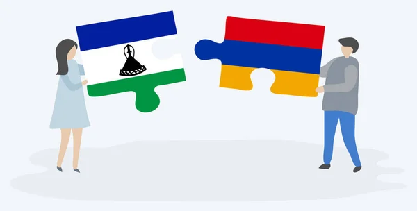 Casal Segurando Duas Peças Quebra Cabeças Com Bandeiras Basotho Armênio — Vetor de Stock