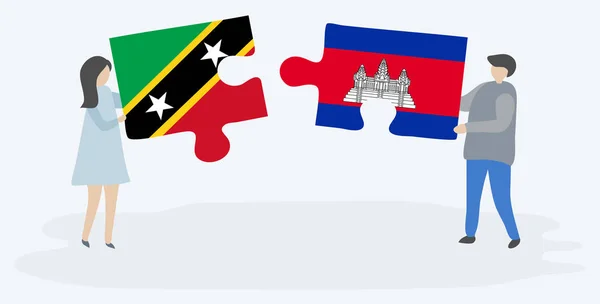 Paar Houden Twee Puzzels Stukken Met Kittitian Cambodjaanse Vlaggen Saint — Stockvector