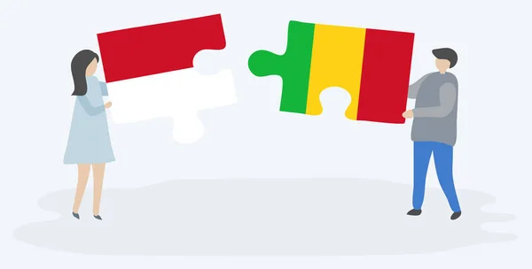 Couple Holding Two Puzzles Pieces Monegasque Malian Flags Monaco Mali — Stock Vector