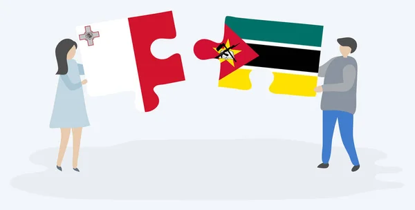 Pareja Sosteniendo Dos Piezas Rompecabezas Con Banderas Maltesas Mozambiqueñas Malta — Vector de stock