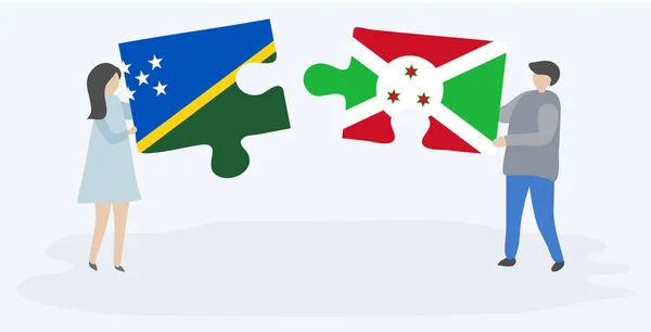 Solomon Adası Burundi Bayrakları Ile Iki Bulmaca Parçaları Tutan Çift — Stok Vektör