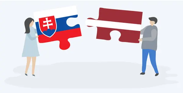 スロバキアとラトビアの旗を持つ2つのパズルピースを保持しているカップル スロバキアとラトビアの国のシンボル — ストックベクタ