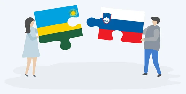 Pareja Sosteniendo Dos Piezas Rompecabezas Con Banderas Ruanda Eslovenia Ruanda — Vector de stock
