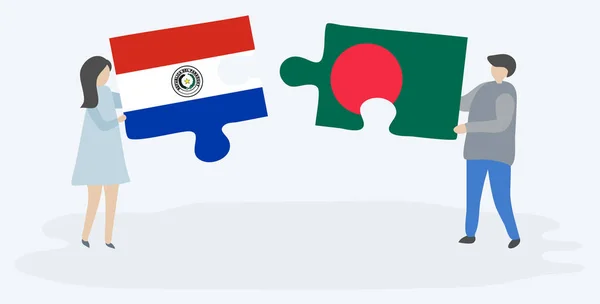 Casal Segurando Duas Peças Quebra Cabeças Com Bandeiras Paraguaias Bengalesas —  Vetores de Stock