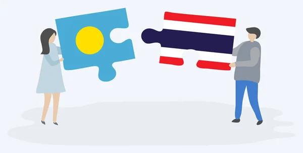 Pareja Sosteniendo Dos Piezas Rompecabezas Con Banderas Palao Tailandés Palaos — Archivo Imágenes Vectoriales