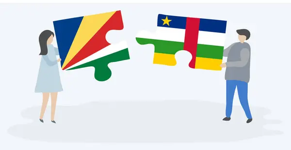 Dvojice Drží Dvě Skládanky Vlajkami Seychellois Středoafrické Národní Symboly Seychel — Stockový vektor