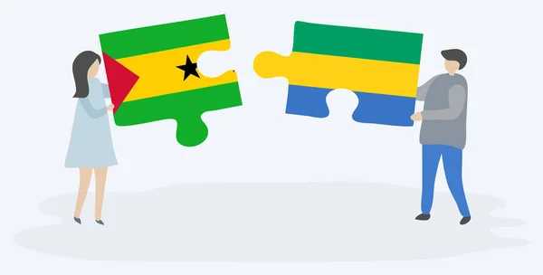 Pareja Sosteniendo Dos Piezas Rompecabezas Con Banderas Sao Tomean Gabonese — Archivo Imágenes Vectoriales