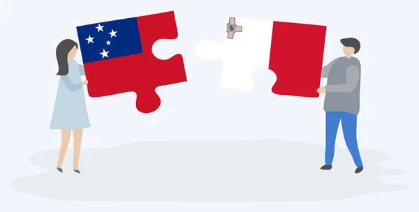 Pareja Sosteniendo Dos Piezas Rompecabezas Con Banderas Samoa Malta Samoa — Vector de stock