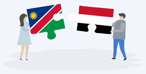 Casal Segurando Duas Peças Quebra Cabeças Com Bandeiras Namibianas Iemenitas —  Vetores de Stock