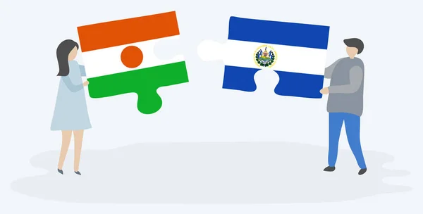 Couple Tenant Deux Pièces Puzzles Avec Des Drapeaux Nigériens Salvadoriens — Image vectorielle