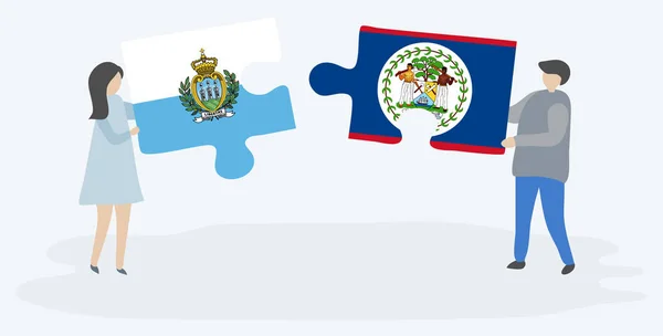 サムマリンとベリーズの旗を持つ2つのパズルピースを保持しているカップル サンマリノとベリーズの国のシンボルが一緒に — ストックベクタ