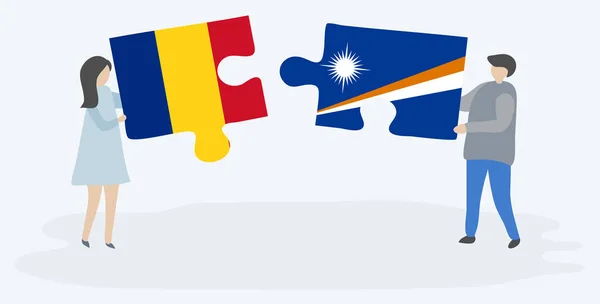 Pareja Sosteniendo Dos Piezas Rompecabezas Con Banderas Rumanas Marshallesas Rumanía — Vector de stock