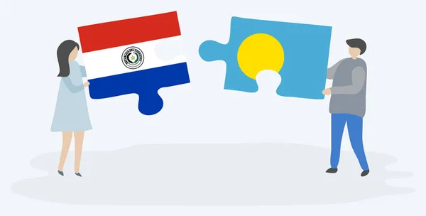 一对夫妇拿着两块拼图 上面挂着巴拉圭和帕劳国旗 巴拉圭和帕劳国家符号在一起 — 图库矢量图片
