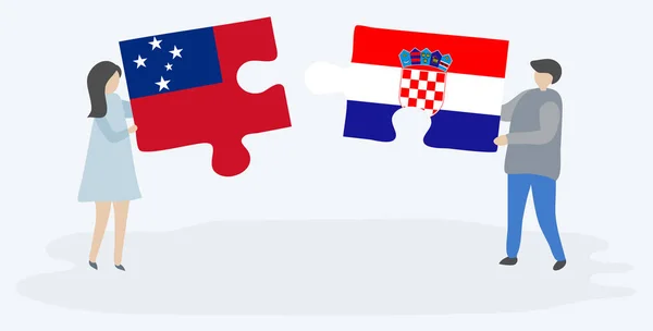 Ζευγάρι Που Κρατά Δύο Κομμάτια Παζλ Σαμόα Και Κροατικές Σημαίες — Διανυσματικό Αρχείο