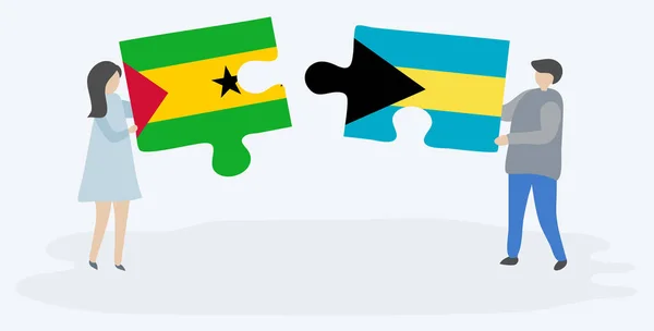 Para Trzyma Dwa Kawałki Puzzli Sao Tomean Bahamian Flagi Sao — Wektor stockowy