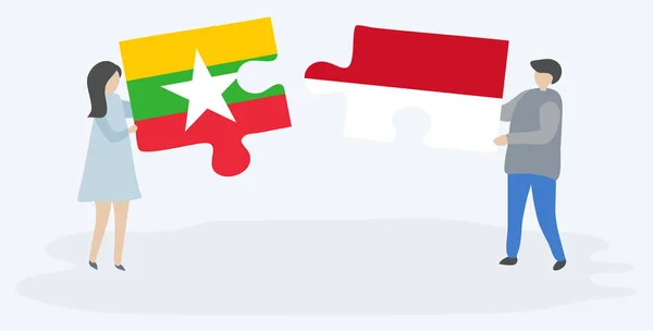 Couple Holding Two Puzzles Pieces Burmese Monegasque Flags Myanmar Monaco — Stock Vector