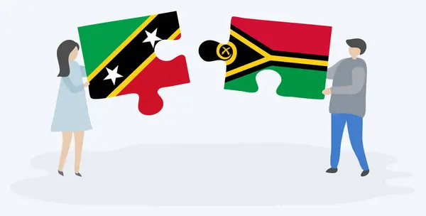 Couple Tenant Deux Pièces Puzzles Avec Des Drapeaux Kittitian Vanuatuan — Image vectorielle