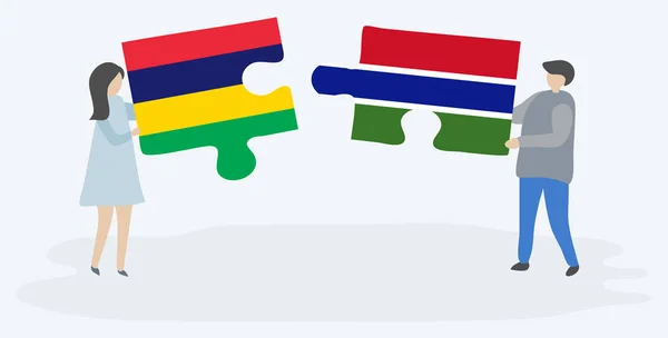 Paar Houden Twee Puzzels Stukken Met Mauritiaanse Gambian Vlaggen Mauritius — Stockvector