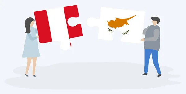 ペルーとキプロスの旗を持つ2つのパズルのピースを保持しているカップル ペルーとキプロスの国のシンボル — ストックベクタ