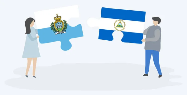 Pareja Sosteniendo Dos Piezas Rompecabezas Con Banderas Sammarinese Nicaragüense San — Vector de stock