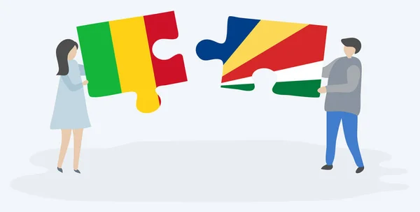 Çift Mali Seychellois Bayrakları Ile Iki Bulmaca Parçaları Tutan Mali — Stok Vektör