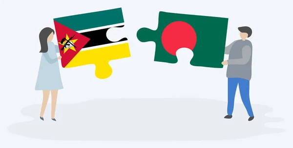 Couple Tenant Deux Pièces Puzzles Avec Des Drapeaux Mozambicains Bangladais — Image vectorielle