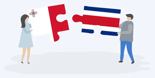 一对夫妇拿着两块带有马耳他和哥斯达黎加国旗的拼图 马耳他和哥斯达黎加国家符号在一起 — 图库矢量图片