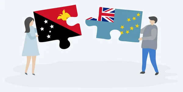 Para Trzyma Dwa Puzzle Kawałki Papuan Tuvalu Flagi Papua Nowa — Wektor stockowy