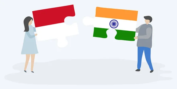 Casal Segurando Duas Peças Quebra Cabeças Com Bandeiras Monegascos Indianos — Vetor de Stock