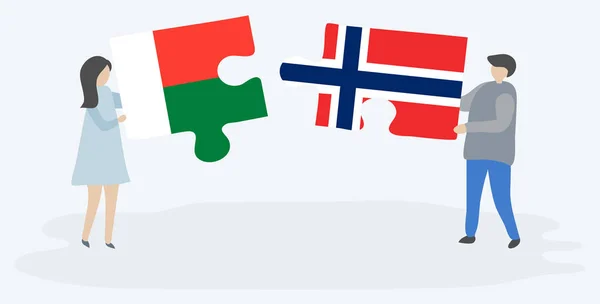 Par Som Innehar Två Pusselbitar Med Madagassiska Och Norska Flaggor — Stock vektor