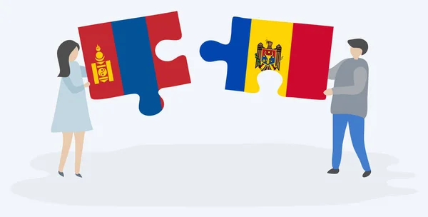 Dvojice Drží Dvě Skládanky Vlajkami Mongolů Moldovan Národní Symboly Mongolska — Stockový vektor