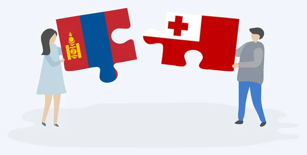 Pár Jich Drží Dvě Skládanky Vlajkou Mongolských Tonganů Národní Symboly — Stockový vektor