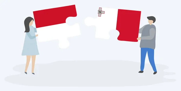 Paar Houden Twee Puzzels Stukken Met Monegaskische Maltese Vlaggen Monaco — Stockvector