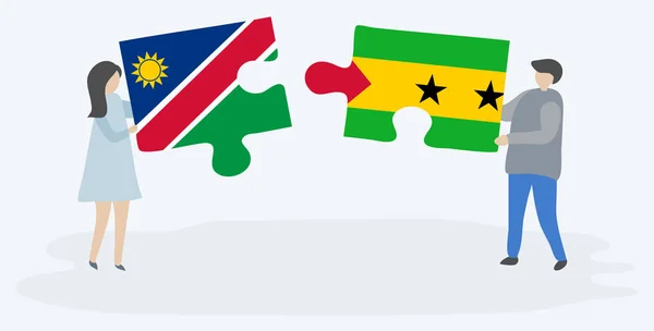 Pareja Sosteniendo Dos Piezas Rompecabezas Con Banderas Namibia Sao Tomean — Vector de stock