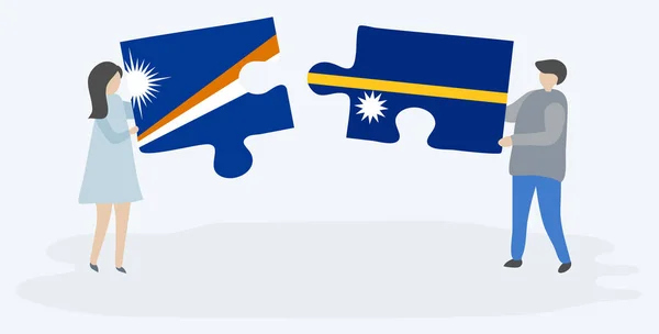 Paar Houden Twee Puzzels Stukken Met Marshallese Nauruan Vlaggen Marshall — Stockvector