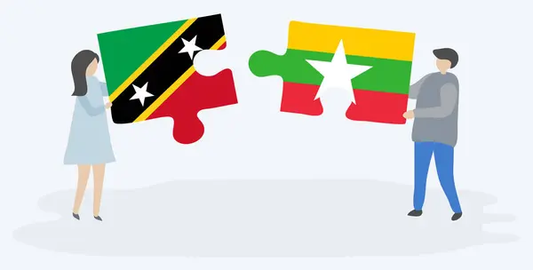 Paar Houden Twee Puzzels Stukken Met Kittitian Birmese Vlaggen Saint — Stockvector