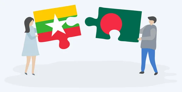 一对夫妇拿着两块带有缅甸和孟加拉国国旗的拼图 缅甸和孟加拉国国家符号在一起 — 图库矢量图片