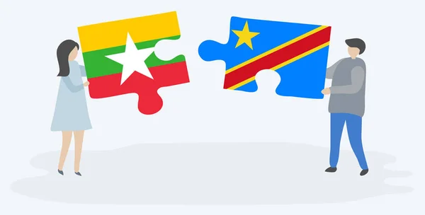 Ζευγάρι Που Κρατά Δύο Κομμάτια Παζλ Βιρμανικές Και Κονγκό Σημαίες — Διανυσματικό Αρχείο