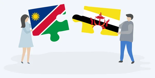 Pareja Sosteniendo Dos Piezas Rompecabezas Con Banderas Namibia Brunéi Namibia — Vector de stock