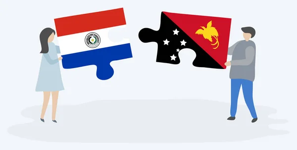 一对夫妇拿着两块拼图 上面挂着巴拉圭国旗和巴布亚国旗 巴拉圭和巴布亚新几内亚国家符号在一起 — 图库矢量图片