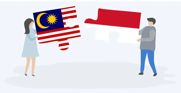 Paar Houden Twee Puzzels Stukken Met Maleisische Monegaskische Vlaggen Maleisië — Stockvector