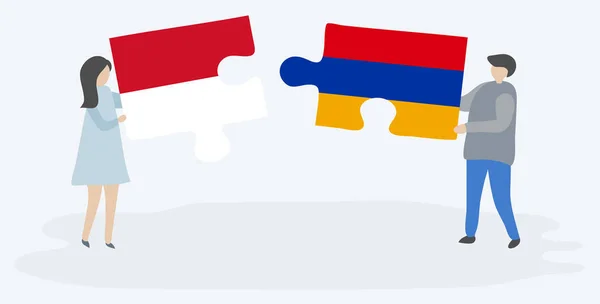 Casal Segurando Duas Peças Quebra Cabeças Com Bandeiras Monegascos Armênios — Vetor de Stock