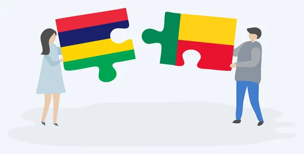 Ζευγάρι Που Κρατά Δύο Κομμάτια Παζλ Σημαίες Μαυρικίου Και Μπενίν — Διανυσματικό Αρχείο