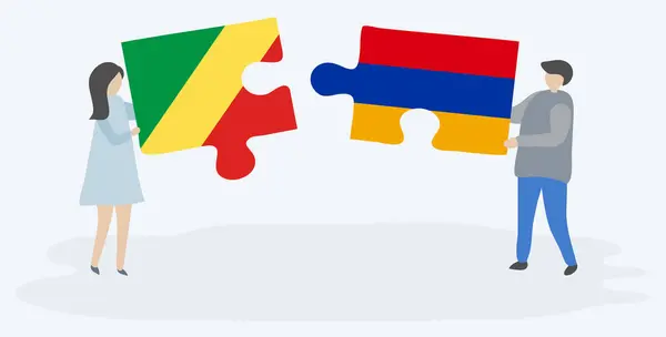 Couple Holding Two Puzzles Pieces Congolese Armenian Flags Republic Congo — Stock Vector