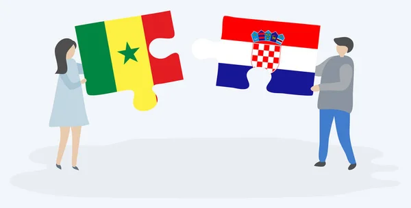 Senegal Hırvat Bayraklarıyla Iki Bulmaca Parçası Tutan Çift Senegal Hırvatistan — Stok Vektör