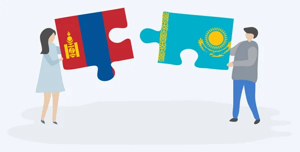 Pareja Sosteniendo Dos Piezas Rompecabezas Con Banderas Mongolia Kazajstán Mongolia — Archivo Imágenes Vectoriales